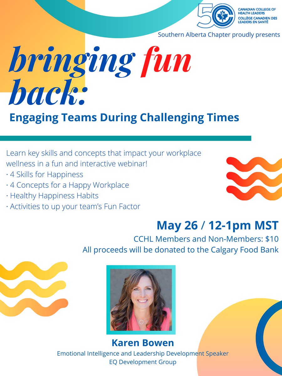 cchl_sac's tweet photo. Excited to announce this webinar on May 26 from 12-1pm MST, with renowned speaker Karen Bowen! Learn how to bring more joy into the workplace!

Register here: https://t.co/ZI7zlA4XYD

All proceeds go towards @CalgaryFoodBank!

#yyc #cchl #leadership https://t.co/7WR89zc34e