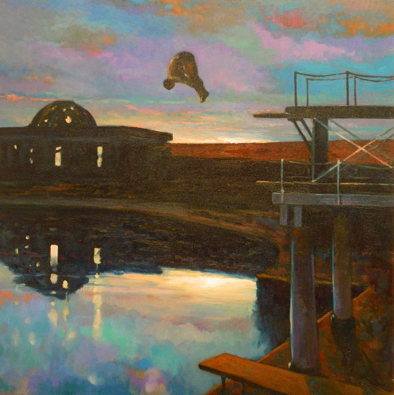 fgcottam's tweet photo. The news encourages escapism. So here's the magnificent Deco open-air bathing pool in Southport, now sadly gone. Featured in my novel Dark Echo (in it's 1920s heyday). This probably my favourite of my brother's paintings. Great sky. https://t.co/n1MGQJCM6T