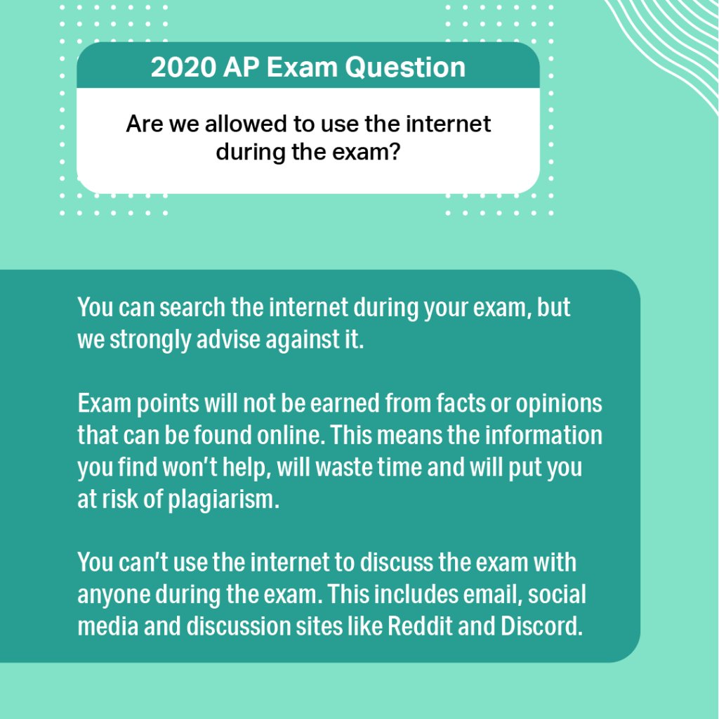 APforStudents's tweet photo. Q: Are we allowed to use the internet during this year's AP Exams?

A: 👇 https://t.co/i945E2n06i