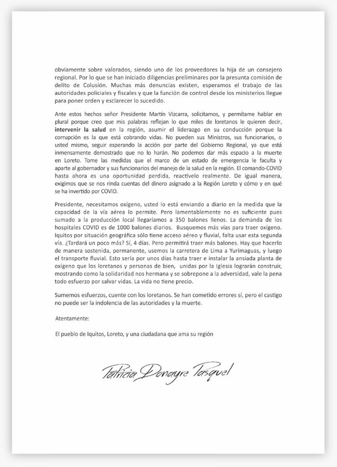 PatyDonayre's tweet photo. Hoy remití esta carta a @MartinVizcarraC. Quise transmitir lo q sentimos, vivimos y necesitamos los loretanos. La corrupción, la desidia, la indolencia de años de las autoridades,  no puede seguir cobrando más vidas. Intervención del Ejecutivo urgente. No hay autoridad en Loreto. https://t.co/9xM8AT0IHD