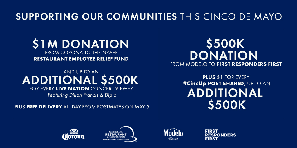 cbrands's tweet photo. This Cinco de Mayo, our brands are continuing to play a role in supporting our collective COVID-relief efforts. Please stay safe, support the local restaurants that are so essential to the fabric of our communities, and #CincoAtHome https://t.co/mLWlTgoktr