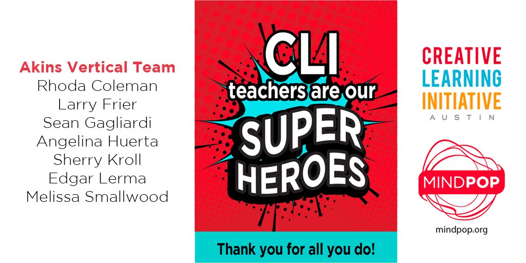 CLI_AISD's tweet photo. Each year, principals nominate individuals (including themselves) to serve as campus leads to promote + support Creative Teaching + Arts Partnerships. We give thanks to these teachers, administrators, + campus staff in the Akins Vertical Team! #CreativeTeachingWorks #TeachersCan https://t.co/pLiUaQcQAw
