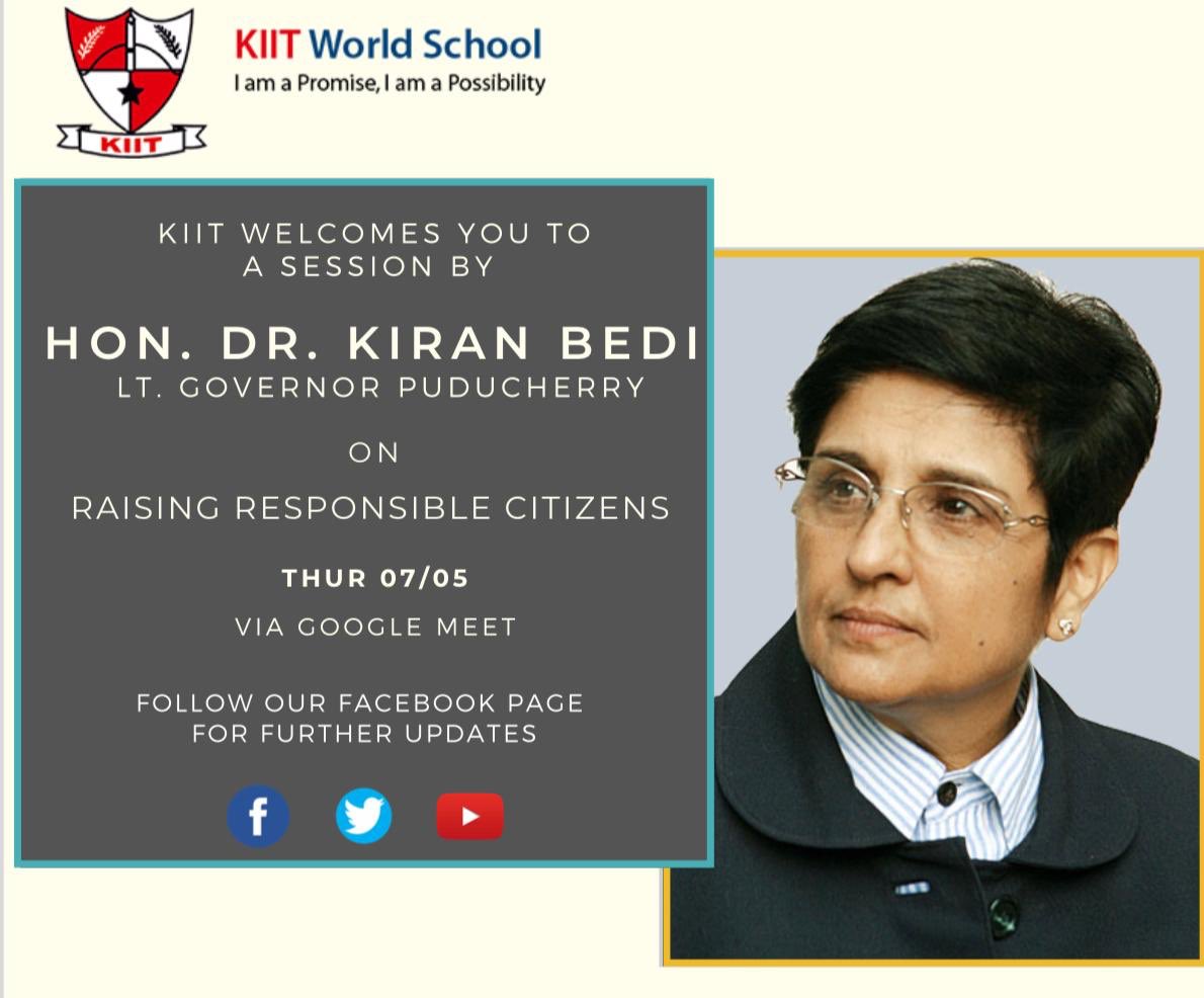 KiitSohna's tweet photo. #TalkWithDrKiranBedi
#InternationalMothersDay

We proudly announce that Honourable Dr. Kiran Bedi, Lt. Governor Puducherry will be talking about ‘Raising Responsible Citizens’ with our students and teachers on 7th May 2020 at 1.30 pm.

We are eagerly waiting for the session. https://t.co/HaIEminc5X