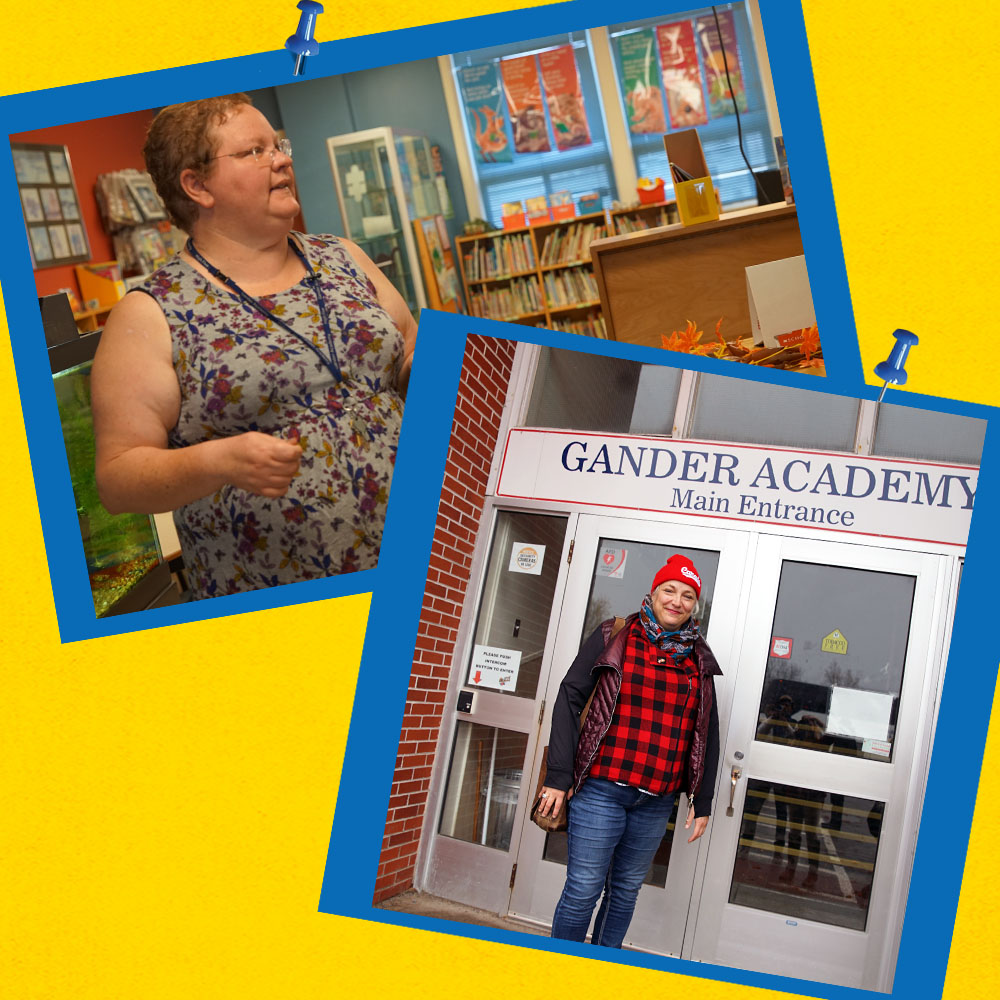 Photo of real Diane in a classroom and a photo of Astrid Van Wieren outside of Gander Academy. Both photos are on top of a yellow background