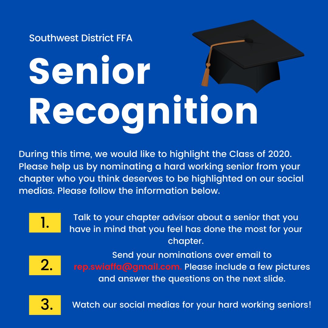 SWiaFFA's tweet photo. During this time, we want to highlight all of the hard work done by the class of 2020. Please follow the instructions provided to nominate a senior from your chapter. We look forward to putting the spotlight on your chapter’s hard-working senior! https://t.co/gUSys3Fl0M