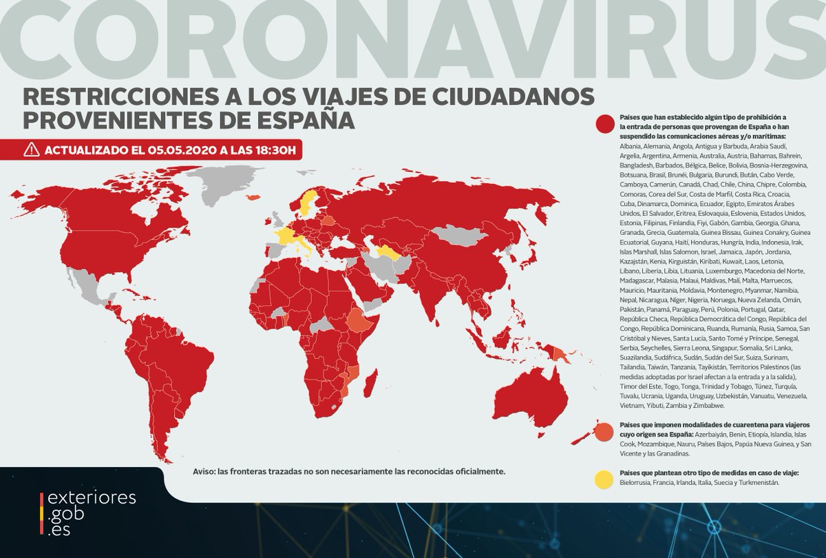 MAECgob's tweet photo. ✈🚫 Restricciones a los viajes de ciudadanos provenientes de #España ⤵️

ℹ️ Consulta en nuestra web la lista actualizada a las 18:30 horas de hoy:

➡️ https://t.co/PuaK2XGcNS https://t.co/sOQ7MlZhVP