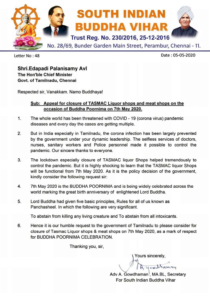 SouthVihar's tweet photo. @CMOTamilNadu @OPSTamilNadu Appeal for closure of TASMAC Liquor shops and meat shops on the occasion of Buddha Purnima on 7th May 2020. #Buddha #BuddhaPurnima #buddhajayanti2020 @SouthVihar https://t.co/fl5BzjmWeX