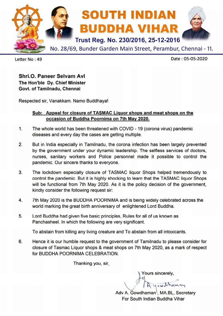 SouthVihar's tweet photo. @CMOTamilNadu @OPSTamilNadu Appeal for closure of TASMAC Liquor shops and meat shops on the occasion of Buddha Purnima on 7th May 2020. #Buddha #BuddhaPurnima #buddhajayanti2020 @SouthVihar https://t.co/fl5BzjmWeX