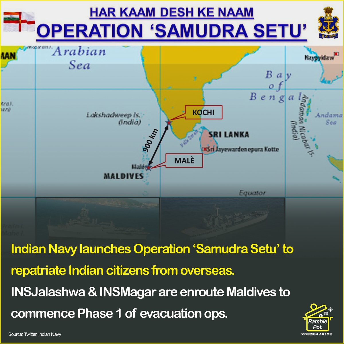RamblePot's tweet photo. Operation Samudra Setu/Sea Bridge to repatriate Indian citizens from overseas

#IndianNavy #INSJalashwa #INSMagar #SamudraSetu #indiafightscorona https://t.co/CYdkYmibOq