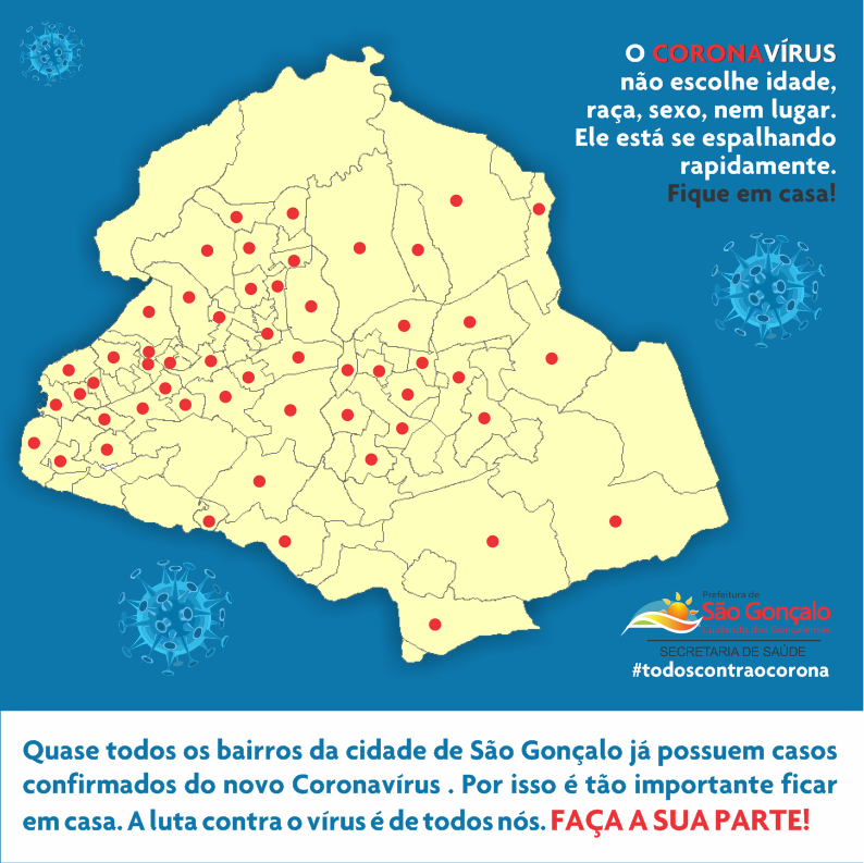 saogoncalo_RJ's tweet photo. De acordo com levantamento da Vigilância Epidemiológica Municipal, quase a #totalidade dos bairros de #SãoGonçalo já possuem casos confirmados do novo #coronavírus. Por isso, não receba visitas, não reúna amigos e família em sua casa ou saia para visitar outras pessoa https://t.co/nCvww5SOHC