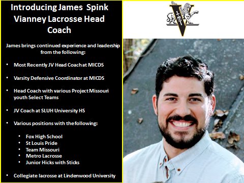 VianneyLacrosse's tweet photo. Vianney lacrosse is excited to announce our new Varsity Head Coach, James Spink. James comes to us with a lot of experience and a successful leader. Welcome coach Spink to the Vianney lax family! https://t.co/j7NsmujuIi