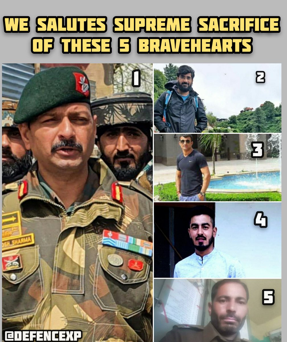 AJain255's tweet photo. Heartbreaking news five braveheart martayerd this sunday morning in action neutralising terrorists in Handwara.
Col Ashutosh Sharma
Major Anuj Sood
Naik Rajesh
Lance Naik Dinesh
SI Shakeel Qazi 
#Handwara 
🙏🏻🇮🇳 https://t.co/fBjDV7brHv