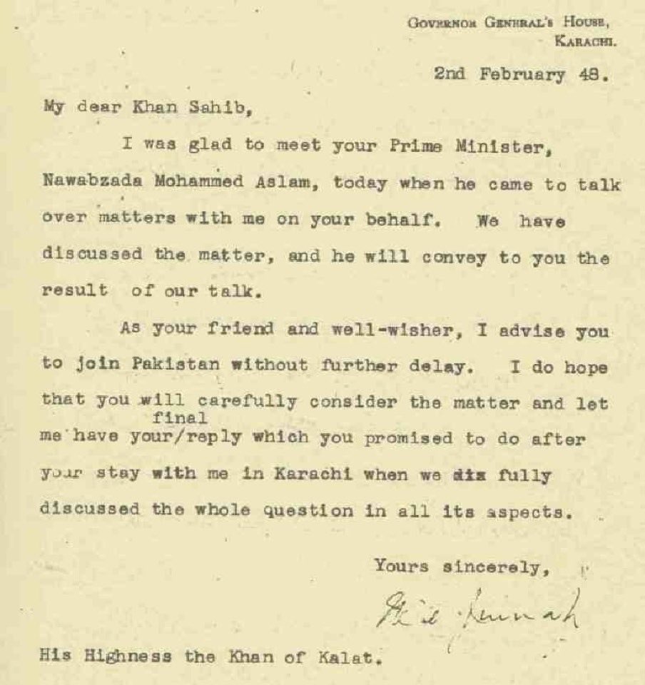 Khan of Kalat refused to ratify this vote of Kalat’s houses of parliament, instead lobbied for accession to Pakistan, while attempting to use this vote in negotiations with QaideAzam as leverage to maximise his own influence in any future political setup as part of Pakistan./15