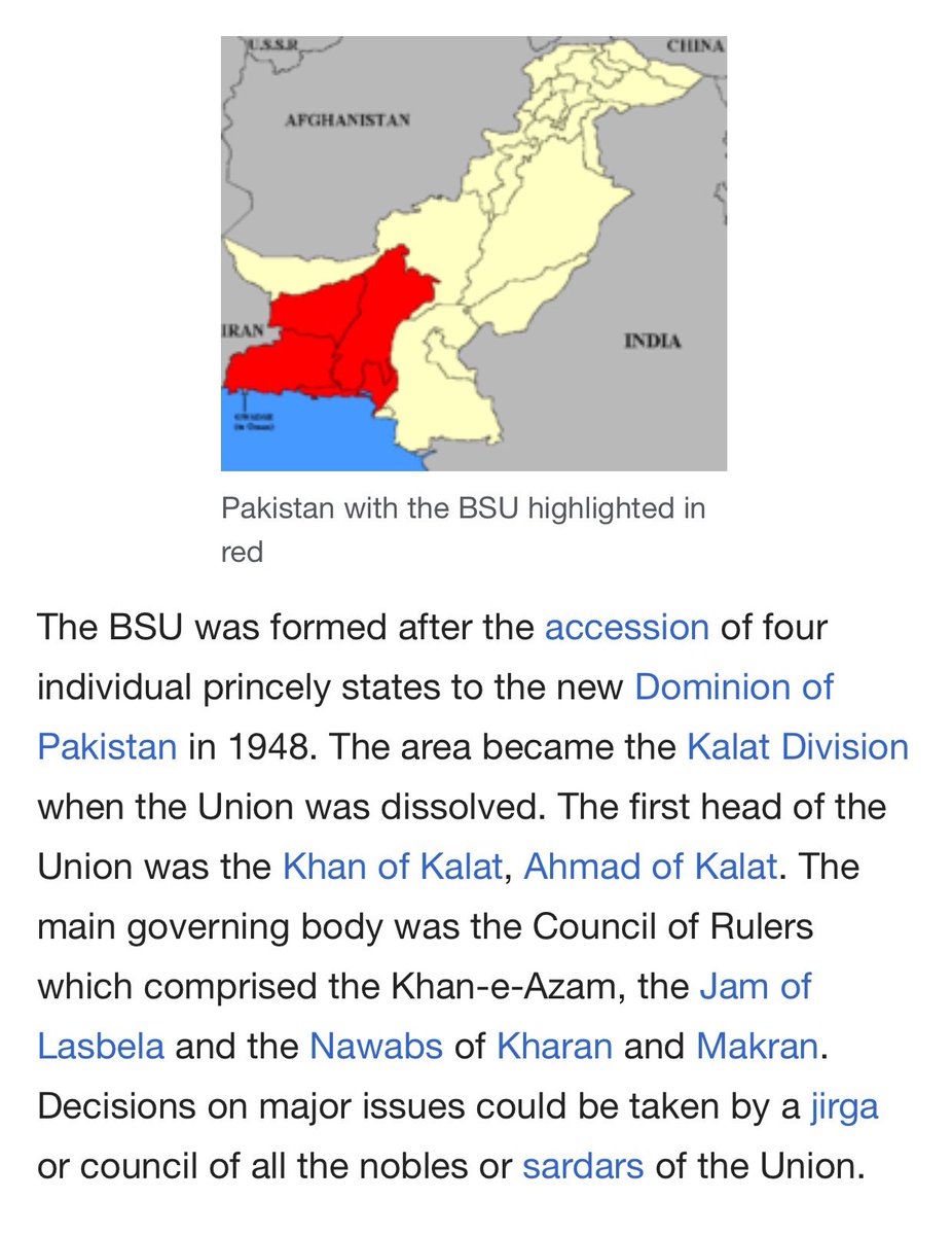 But in 1948 not only was KhaneKalat not arrested, he was honoured by  #Pakistan with a royal title & appointed as the ceremonial ‘KhaneAzam’ of a newly created Tribal Council of Balochistan called Balochistan States Union comprising states of Kharan, Makran, Lasbela & Kalat./19