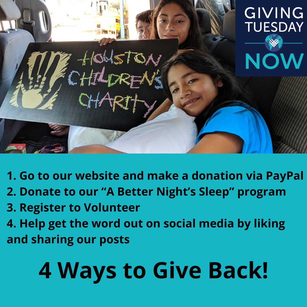 houcharity's tweet photo. Here are 4 ways you can participate in #GivingTuesday for #ABetterNightsSleep !
https://t.co/5qzPfgDT0B
#giveback #givingtuesdaynow #donate #help #houston #houstonhelp #OurKidsAreEverybodysKids #happy #community https://t.co/Hg7lsrMY3B