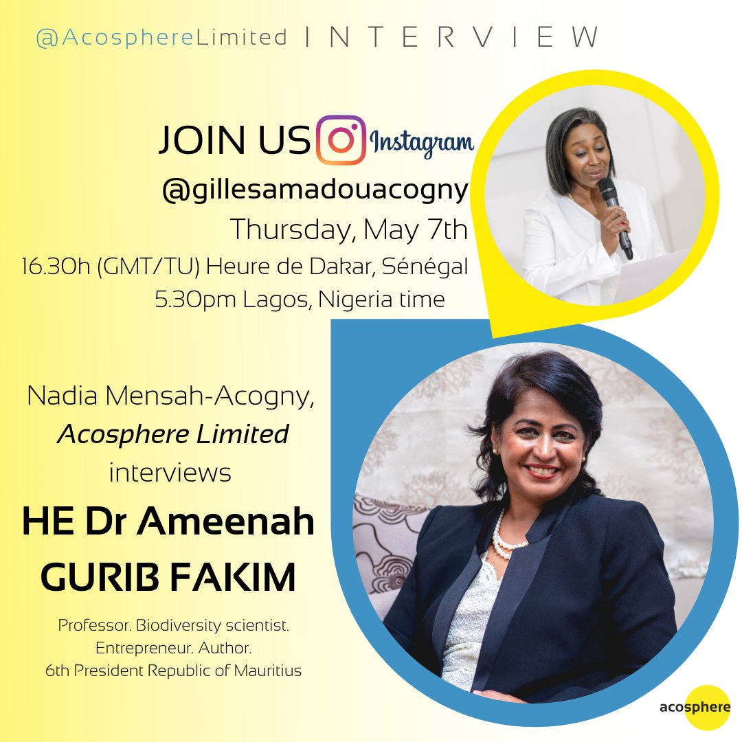 Acosphere's tweet photo. This thursday, May the 7th, we will have the honour to interview HE Dr. Ameenah GURIB FAKIM! Follow Gilles Acogny account, on instagram, to view the interview LIVE! IG:@gillesamadouacogny
#InstagramLive #Interview #AcosphereInterviews #TransformAndRise https://t.co/QKj9xdHceD
