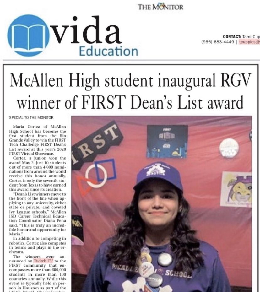 TxSTEMed's tweet photo. . @monitornews in their VIDA section spotlighted our recent FIRST Tech Challenge Dean’s List Award winner.  We are so proud and are hopeful she is our first of many more! @McAllenISD @MchiDogWorks @FIRSTweets @FTCTeams #FIRSTDeansList #omgrobots https://t.co/EpFjwa0o6A
