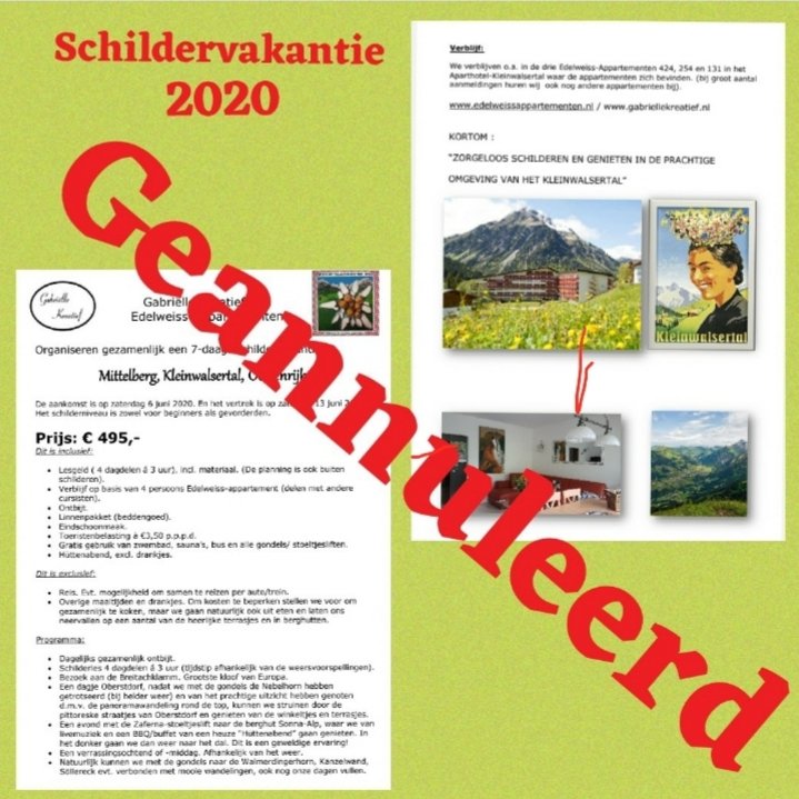 Edelweiss424's tweet photo. #Helaas is de #schildervakantie in #Oostenrijk dit jaar i.v.m het #Corona-virus geannuleerd😥 
De nieuwe data voor 2021 staan gepland op 5-12 juni. Gelukkig heeft 80% vd huidige deelnemers zich al aangemeld voor volgend jaar🙂 Nog enkele plekken vrij. https://t.co/9HvPSaCpYH