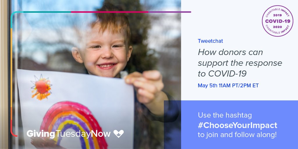 wearecharitable's tweet photo. The conversation is urgent and the topic is more than timely. Join us in 1 hour (11 AM PT/1 PM ET) for a #tweetchat about how to make an impact on the response to #COVID19. We want to hear from you: Use #GivingTuesdayNow + #ChooseYourImpact. 

Let's #givetogether, while apart. https://t.co/rfNNFnyFSz