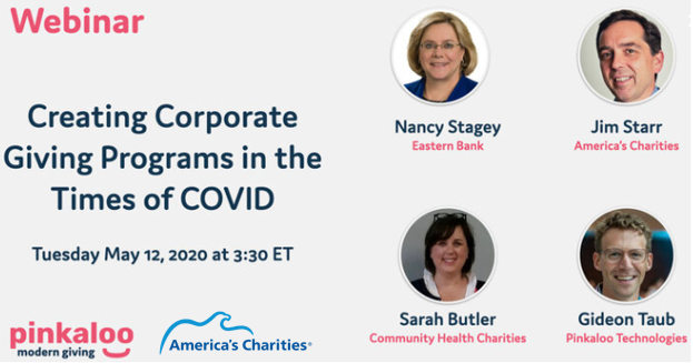 #Coronavirus has proven the value of virtual #SocialImpact activities--like #CorporateGiving. Join us @pinkalootech @easternbank @HealthCharities 5/12 @ 3:30pm for a free webinar about #WorkplaceGiving, #EAFs, #Crowdfunding, #DonationMatching: bit.ly/3dgM6nh C u there!