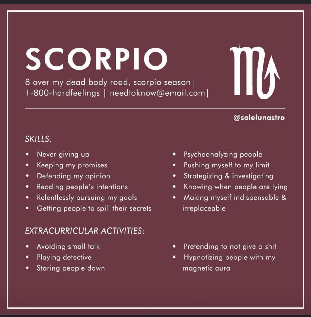RobustoBabe's tweet photo. My mom was a hippie so before I was even named, she did my astrological chart. I thought this Scorpio “Resume” was 😎 #scorpiolady #scorpio https://t.co/JpNS5CbtzE