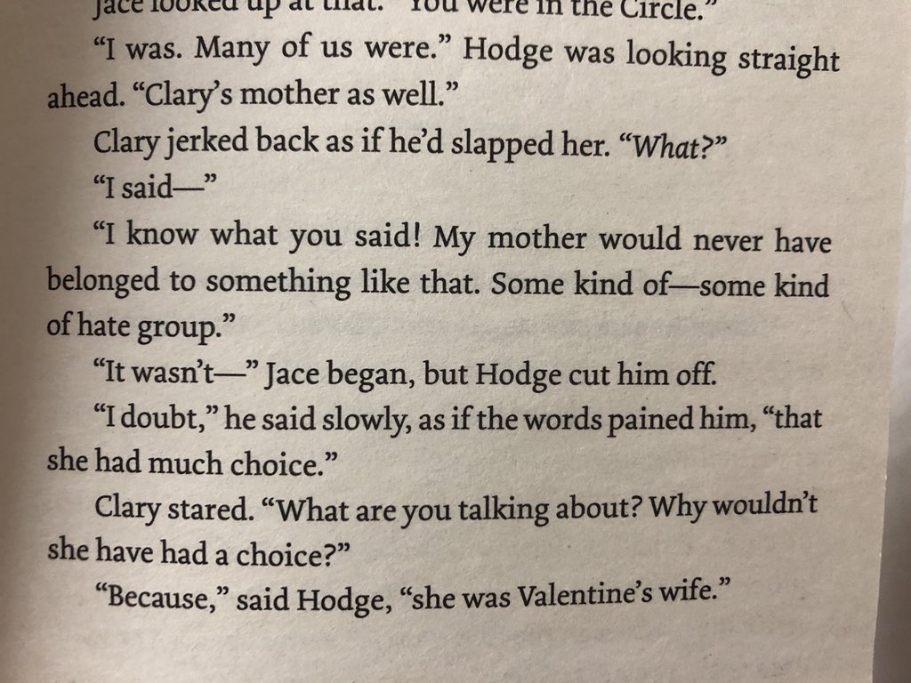 And, this revelation about the  #Circle Valentine, Hodge & Clary’s mom.  #BytheAngel Things are getting really interesting!  #TMI  #CoB