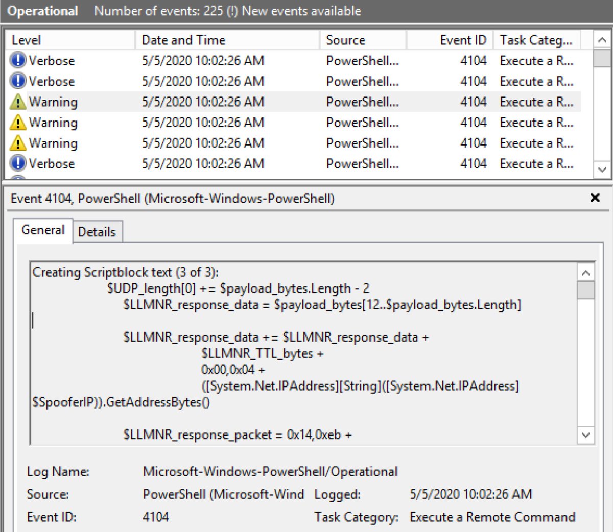 r3nzsec's tweet photo. #blueteamtips you gotta make sure that PS logging such as script block logging & module logging is enabled to give you insights of PowerShell scripts. Event ID 4104 / 4103 are your best friends!
#threathunting #DFIR #cyberdefense https://t.co/43j6LM7MT3