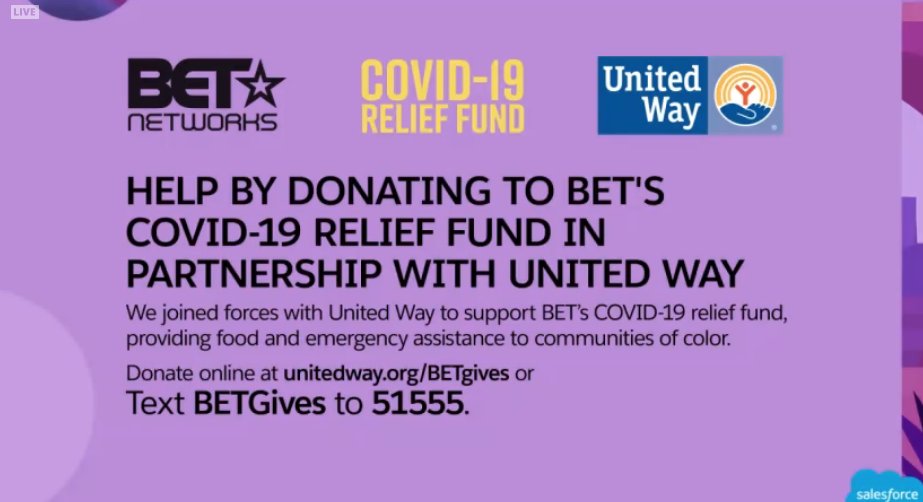 Salesforce and BET working with United Way to help our communities of color.  This is an urgent issue, and I am so proud to be part of this organization that walks the walk #BETGives #SalesforceOhana #communitiestogether