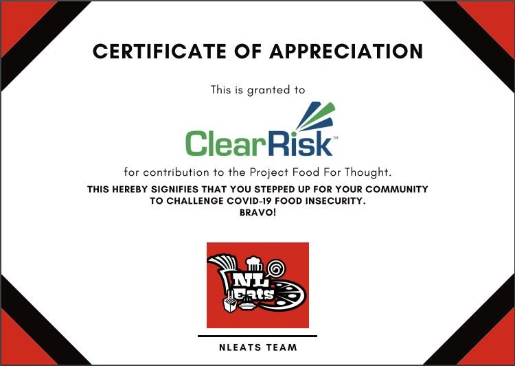 ClearRisk's tweet photo. Through the Closed Door, Open Heart giving campaign, we have continued to make contributions with a total pledged amount of $5000. We have now added @nl_eats to the contribution list.  

Learn more here: https://t.co/qZSiQzXPHM
#closeddooropenheart 
#FoodForThoughtNL
#NLEats https://t.co/vLqJCy97SR