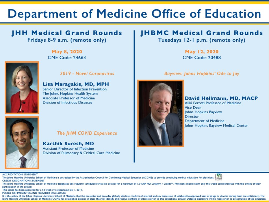 JHH ⁦@HopkinsMedicine⁩ and JHBMC ⁦@HopkinsBayview⁩ Medical #GrandRounds.  Note: 5/12 features CIM Director Dr. Hellmann speaking about Bayview as Hopkins’ “Ode to Joy!”