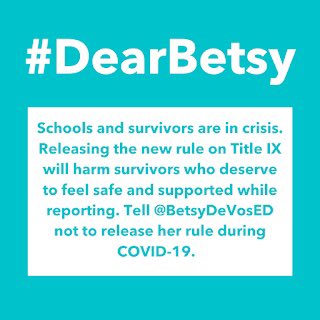SHEMattersKY's tweet photo. @BetsyDeVosED releasing the new Title IX rule in the middle of a global pandemic is incredibly irresponsible. #DearBetsy keep your #HandsOffIX https://t.co/cphTajsA5h