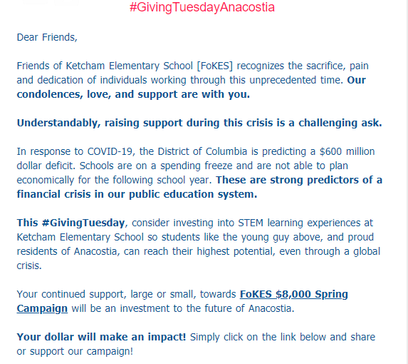 FOKESDC's tweet photo. #SupportEotRschools We know this is a hard time for us all, but your gift, no matter the amount, will have an impact on kids like this little guy from Ketcham.
Donate: https://t.co/1kPm6de12A
#GivingTuesdayNow
#Anacostiakids
#FoKESDC
#STEM4thefuture
#bethevillage https://t.co/C2sTfXVJXs