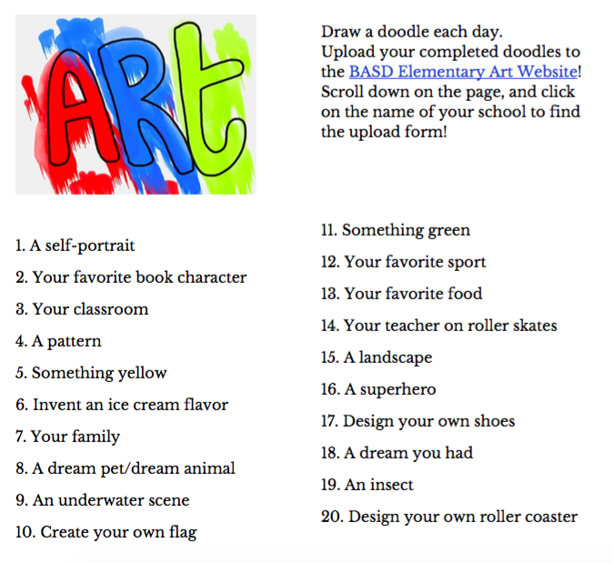 MrsEmili27's tweet photo. @GovernorWolf @TJeffersonBASD Draw a Doodle each day challenge! #BASDarts Be sure to upload to the BASD Online Galleries! https://t.co/C6KWthfnXb https://t.co/0sJvC5aQEF
