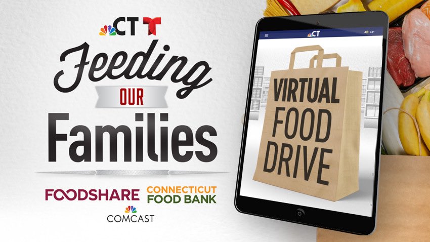 NBCConnecticut's tweet photo. @NBCConnecticut and @TelemundoCT, in partnership with @comcast are proud to join forces with @foodshare and @CTFoodBank to launch the Feeding our Families virtual food drive! Find out how you contribute and help fight hunger in CT https://t.co/n3pbdTq7nS #feedingourfamiliesct https://t.co/izUZ3qNfUB