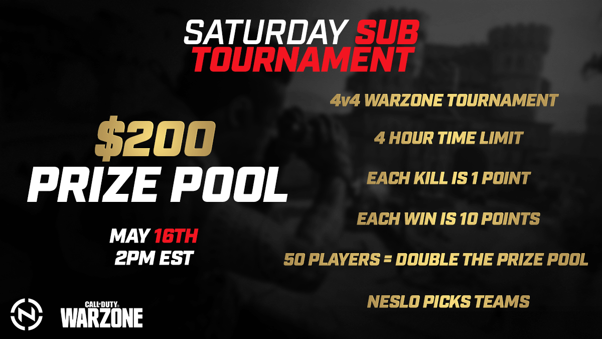 Neslo's tweet photo. $200 WARZONE SUBSCRIBER TOURNAMENT - Brought to you by @Gamrs_ . If we get 50 sign ups, I will be doubling the prize pool to $400. Please register on the sign up link below. RT's appreciated Warzone community.

SIGN UP : https://t.co/JmHIucvxci https://t.co/NhPkMkJBml