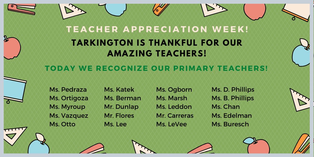tseall1's tweet photo. We recognize our primary teachers today as we celebrate Teacher Appreciation Week!  Thank you, Tarkington Teachers, for your dedication and commitment to providing excellence for all of our students! #ThankATeacher https://t.co/OngQbmrtn2