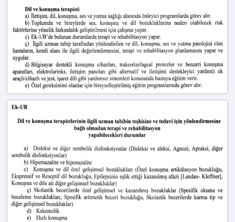 22 Mayıs 2014 tarihli Resmî Gazete’de yayınlanan yönetmeliğe göre ilgili uzman tabip tarafından yönlendirilen ve dil, konuşma, ses ve yutma patolojisi olan hastaların değerlendirmesini, terapi ve rehabilitasyonunu DİL ve KONUŞMA TERAPİSTİ yapar.