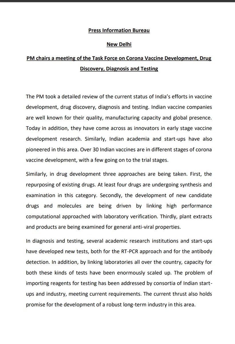 PIB_India's tweet image. PM @narendramodi chairs a meeting of the Task Force on #Corona Vaccine Development, Drug 
Discovery, Diagnosis and Testing

#Covid_19india 
#IndiaFightsCorona 
#COVID2019india 
#COVIDWarriors