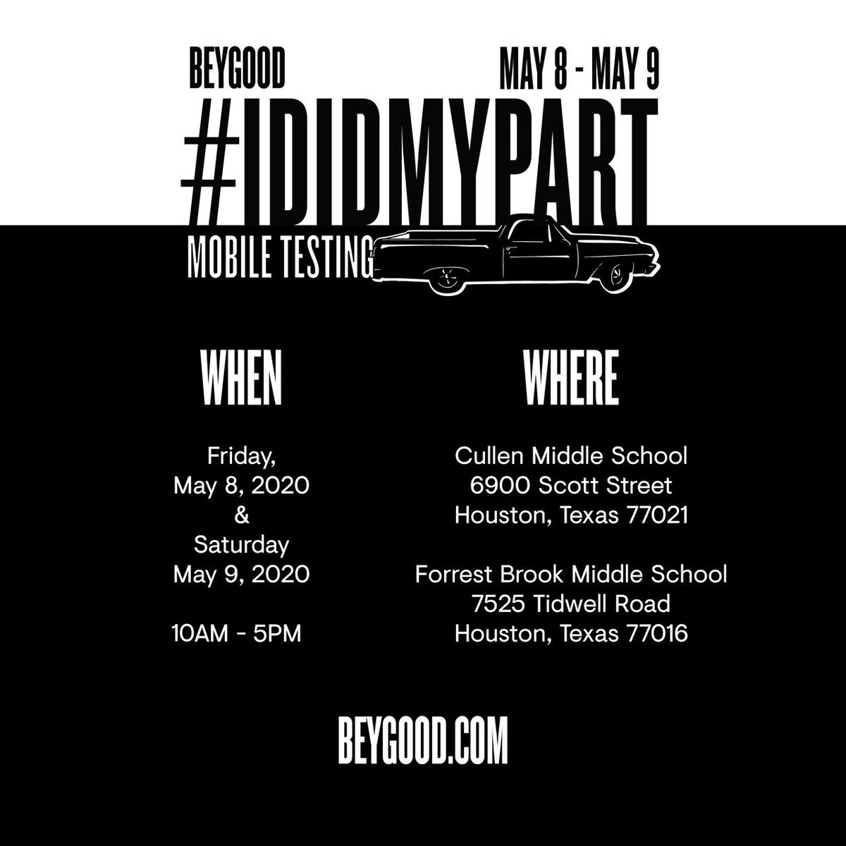 PopCrave's tweet photo. .@Beyonce’s BeyGOOD organization is launching the #IDIDMYPART Mobile Testing Relief Campaign on May 8th in partnership with the singer’s mother to provide 1,000 COVID-19 tests, as well as masks, gloves, vitamins and supplies, to the Houston area. https://t.co/lYbWWml2nL