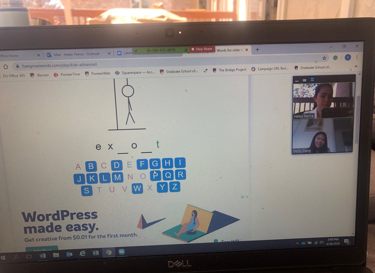 #TutoringTuesday Can you guess a six-letter word that has the letters E, X, O, and T in it? Our tutors are virtually connecting with tutees, and here our tutee, Holly, is playing hangman with her tutor.