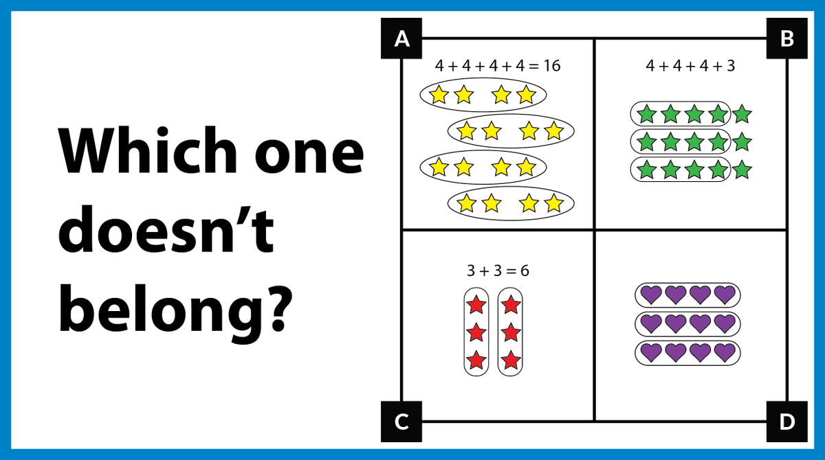 MLCmath's tweet photo. #SecondGrade Activity: Which One Doesn’t Belong?

Look at this set of four pictures. Decide which one doesn’t belong with the other three. Describe your thinking using math words. There are many ways to think about each one! 

Discover the full activity: https://t.co/J7YC8yiwvj https://t.co/Jigjffztfm