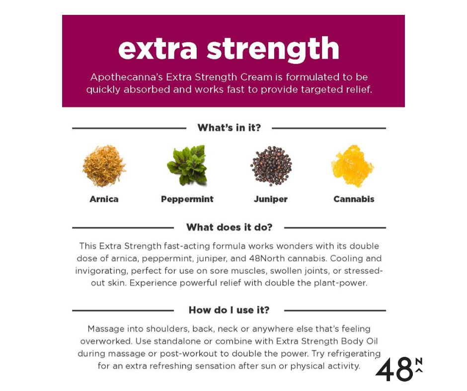 SpiritleafWH's tweet photo. Swipe --> to see the active ingredients, benefits, and how to use this 1:1 body cream by @48Nrth #48north #topical #extrastrength #apothecanna #yyc #spiritleafwesthillhurst https://t.co/I2f95B3sxc