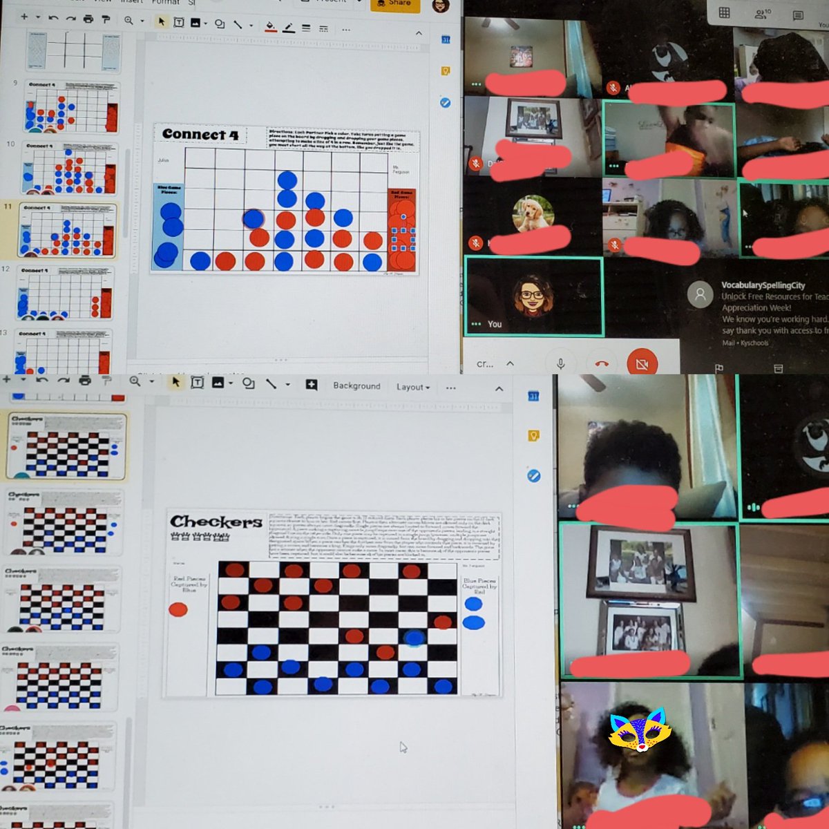 Ms_R_Ferguson's tweet photo. I created #DistanceLearning #boardgames on #Google #Slides to play collaboratively together during our #NTI #GoogleMeet. #StudentEngagement was high,  and they loved it! #TicTacToe #Checkers &amp; #Connect4 #WeAreJCPS #ARK @JCPSKY @JCPSDI @AlexRKennedy1 @patricksivori @GoogleForEdu https://t.co/N0VaaNKvqX