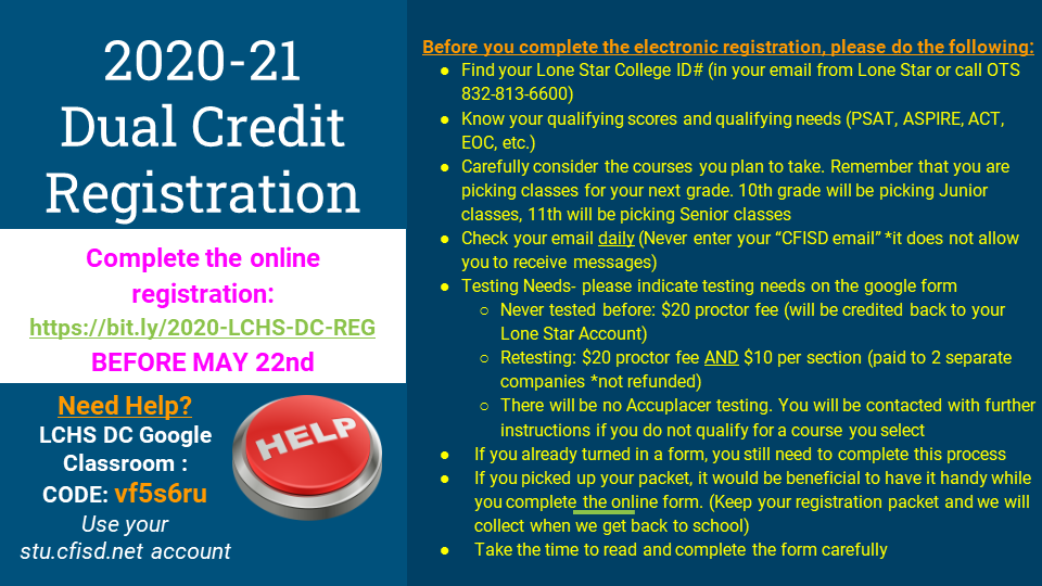 LanghamCreekCCS's tweet photo. Dual Credit Registration is ONLINE and Due May 22nd...register today!  #lobonation https://t.co/Qqppmzp1FD