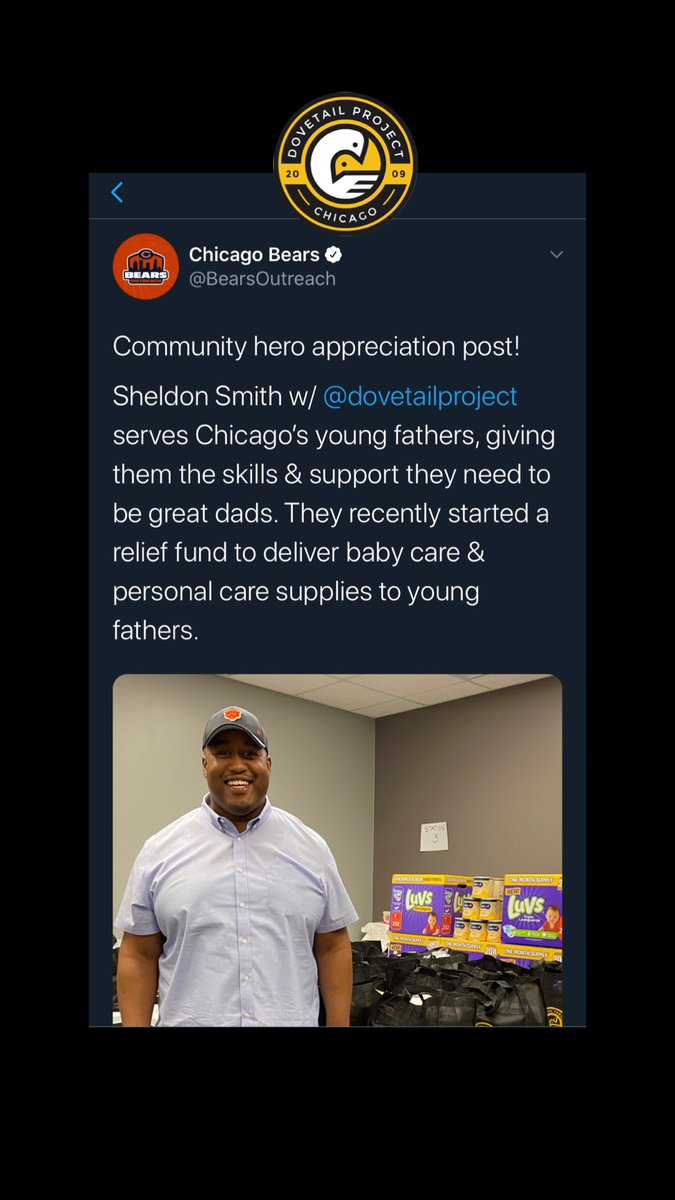 TheSheldonBrand's tweet photo. I am truly honored to be featured as a community hero by @chicagobears! Thank you for highlighting the work of @dovetailproject.
#GivingTuesday #ChicagoHero #Chicago
#FounderLife #Dads #Fathers #MyStateIL #DovetailIL #WeAreChicago #StayAtHome
#DovetailProject https://t.co/70xzI9zEWR