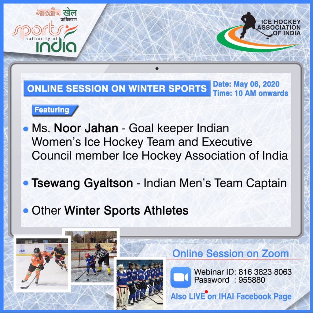icehockeyindia's tweet photo. 2nd day of online initiative of SAI features our 2 athletes. @noorjahan_1 @gyaltson_7 . Thank you @kiren.rijiju for providing opportunity to athletes from remote area come upfront. Join Zoom webinar. May 6, 2020 10:00AM 
https://t.co/XYgOjdTNaf
Webinar ID: 816 3823 8063 PW 955880 https://t.co/sTF0UaPa4O