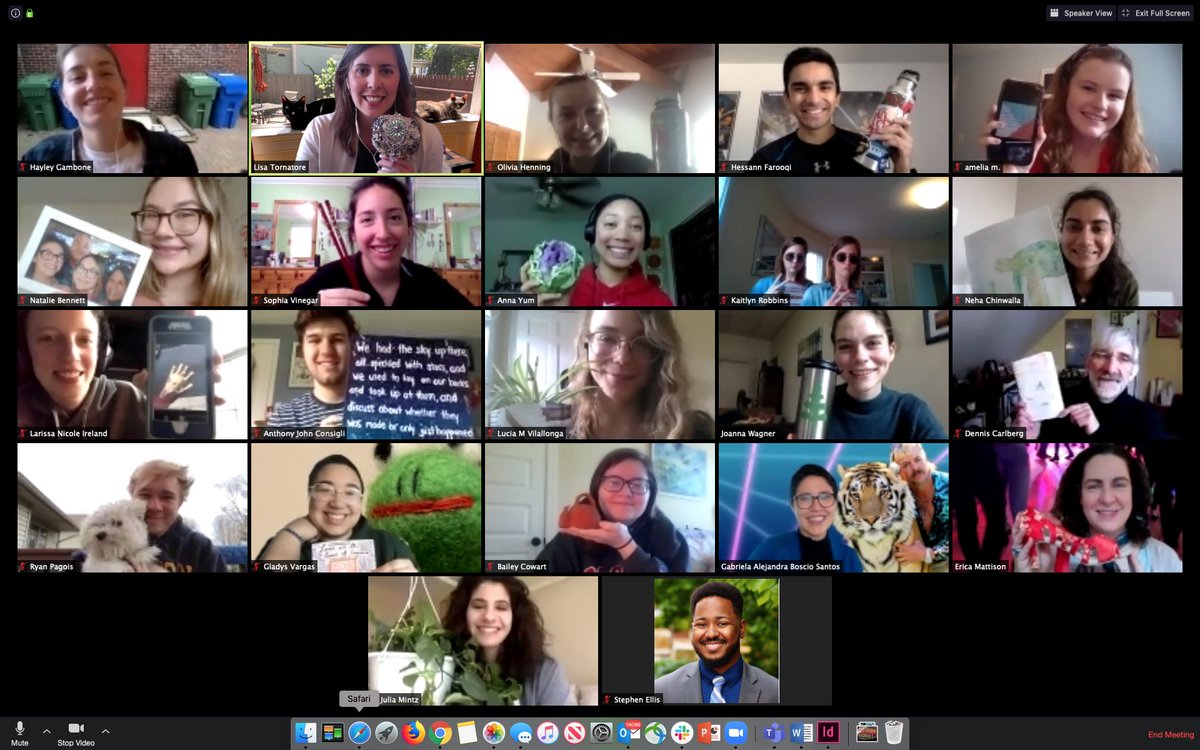 sustainableBU's tweet photo. A few members of the BU Sustainability team on an end-of-year video call. We used virtual backgrounds &amp; objects to share stories about creativity + connecting w/ #sustainability. We have a few seniors on our team. We will miss #Classof2020 and wish you the best. #TerriersTogether https://t.co/LCuoKxpUC2