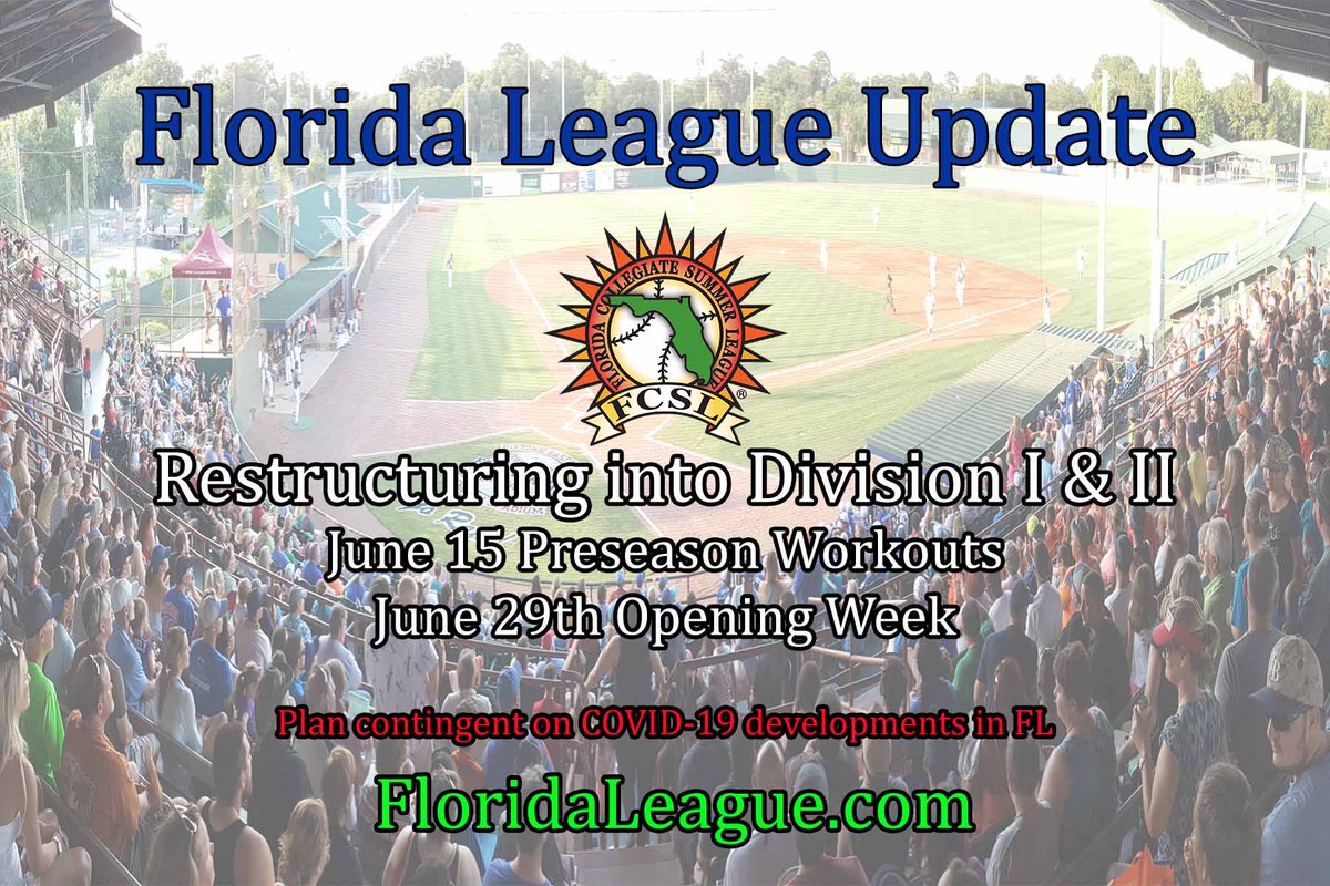 floridaleague's tweet photo. The Florida League is proceeding with a plan to restructure into two divisions in an effort to provide additional college players an opportunity to get back on the field this summer. #NACSBsummerball 

Read More: https://t.co/QbOhZH1Kjm https://t.co/JXirDGTlWB