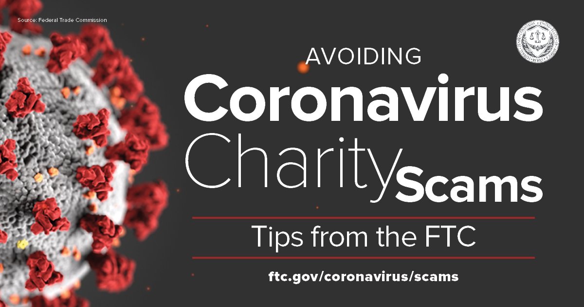 FTC's tweet photo. No one wants their Coronavirus donation to go to a scammer, so before you give, do some research. Tips from the FTC on avoiding charity scams: https://t.co/NoyDPTonYI #COVID19 #CharityTips #GivingTuesday https://t.co/5SCrOllveC