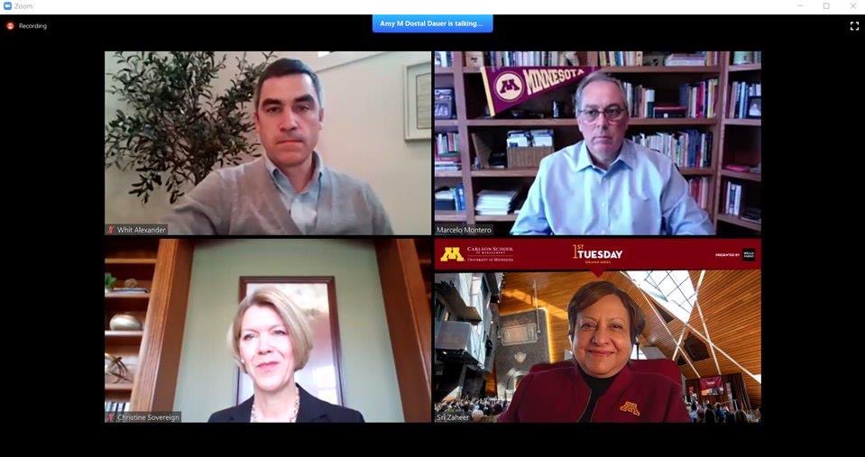 CSovereignMN's tweet photo. Congratulations to Dean Zaheer and the U of MN Carlson School of Management team for successfully virtualizing their wonderful First Tuesday series!  @CarlsonNews @UMNews.  Proud to be a part of it with Whit Alexander and Marcelo Montero. https://t.co/I7SXojt8zp